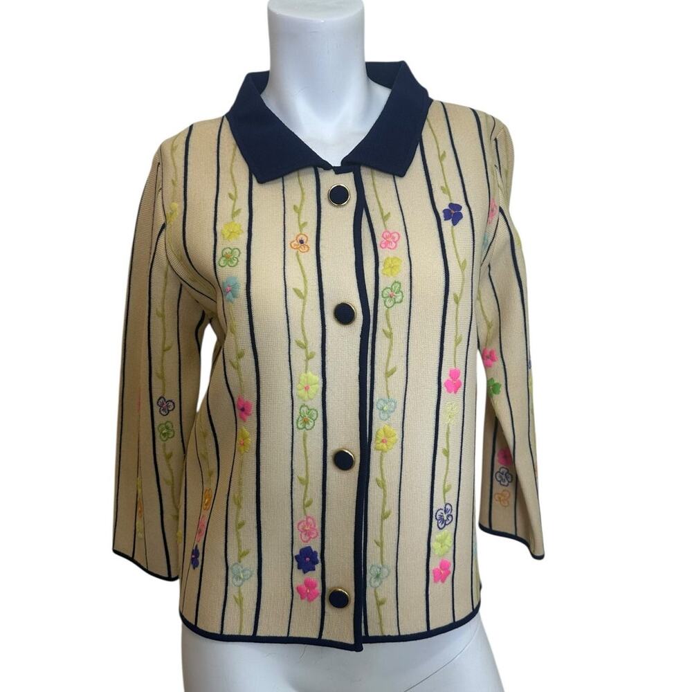 Vintage 60s Puccini Wool Embroidered Floral Stripe Cardigan Mod Preppy Size 8